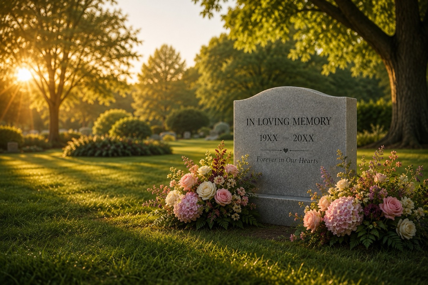 A cared-for memorial with generic sample engraving, surrounded by fresh flowers in a sunlit cemetery at golden hour
