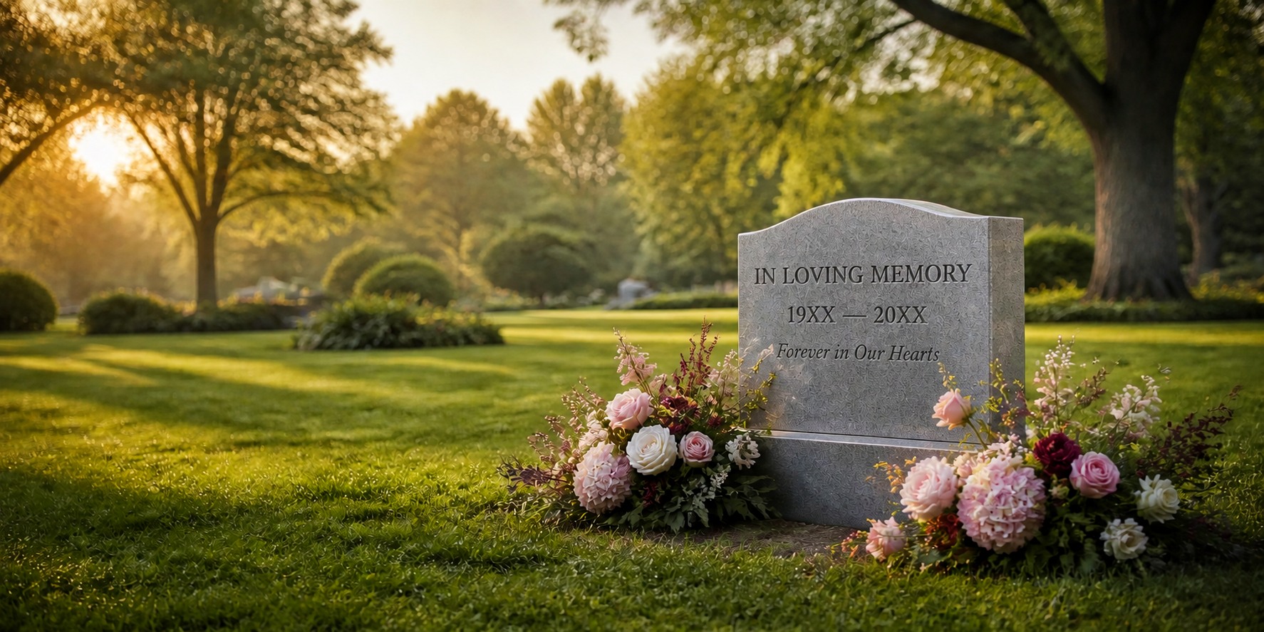 A cared-for memorial with generic sample engraving, surrounded by fresh pink and ivory flowers in a peaceful cemetery