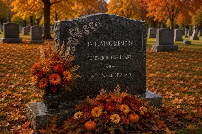 A headstone with autumn flowers and small pumpkins among fallen leaves