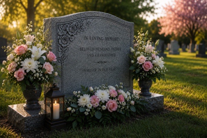 A headstone with fresh flower arrangements on either side in evening light