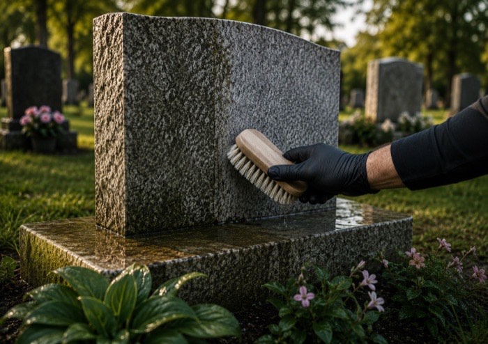 A gloved hand cleaning a granite headstone with a soft brush and water