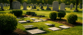 A beautifully maintained cemetery in warm sunlight